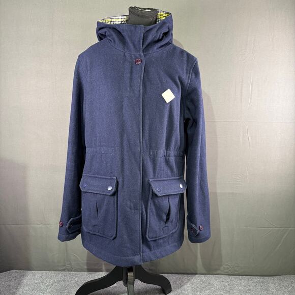 Burton Jacket Women L Wool Blend Full Zip Coat Hooded Drawstring Cozy Navy Blue - Picture 1 of 13